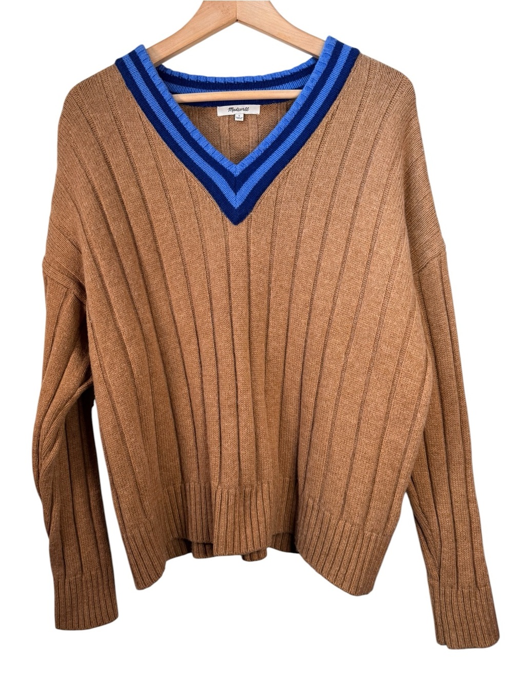 Madewell Tipped V-Neck Wool Blend Sweater Large Tan Blue Stripe Varsity Prep